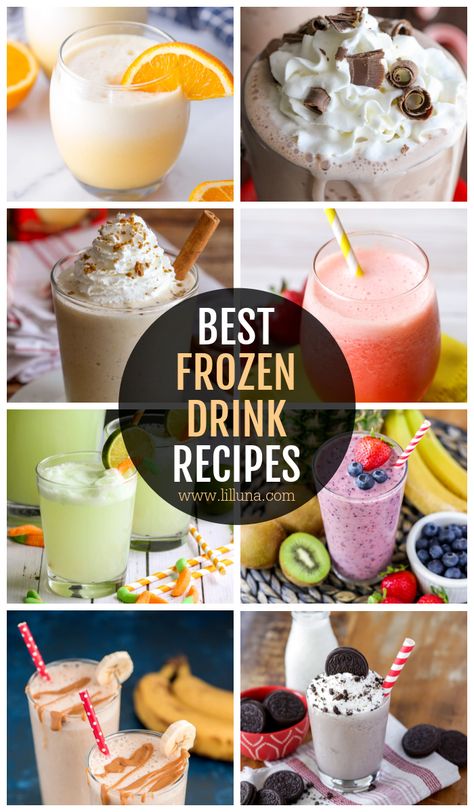 When it's warm outside, there is nothing so refreshing as a cool drink...make it frozen and even better!! These frozen drink recipes are sure to cool you off on even the most sticky of days. #frozendrinks #drinks #drinkrecipes Frozen Drinks Nonalcoholic, Frozen Mixed Drinks, Frozen Strawberry Lemonade Recipe, Watermelon Smoothie Recipes, Frozen Strawberry Lemonade, Frozen Drink Recipes, Frozen Drink, Frozen Hot Chocolate, Banana Smoothie Recipe