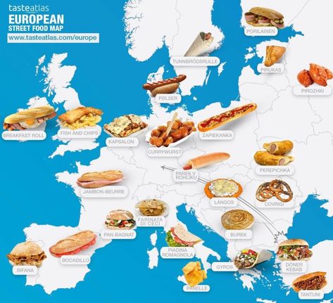 British Fish And Chips, Food Europe, Europe Food, Europe Street, Food Map, Map Of Europe, Breakfast Rolls, Doner Kebab, European Street