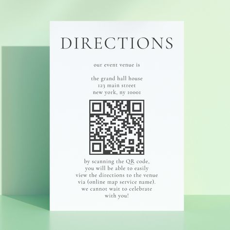 Help your guests find their way to your wedding venue with this elegant and minimalist digital map card. The clean and simple design features a delicate font and plenty of white space, creating a sophisticated and timeless look that will impress your guests. You can easily generate the code by entering your event location ascertained through an online mapping service. All text style, colors, sizes can be modified to fit your needs. If you need help or matching items, please reach out to me. Map Wedding Invitation, Minimalist Cards, Wedding Map, Wedding 2024, Location Map, Text Style, White Space, Enclosure Cards, Wedding Locations