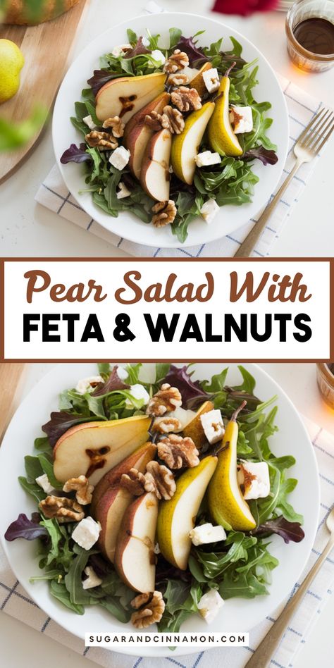 Pear Salad with Feta and Walnuts Pear Walnut Salad, Green Bean Salad Recipes, Pear Salad Recipes, Feta Salad Recipe, Unique Salad, Salad Inspiration, Creamy Feta, Salad With Feta, Simple Vinaigrette