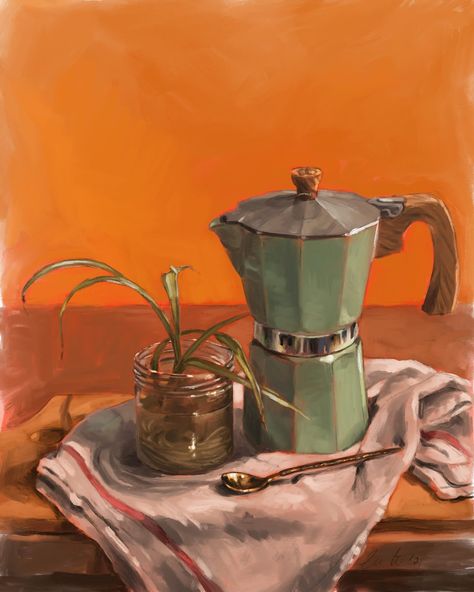 Bright Still Life, Coffee Gouache Painting, Coffee Aesthetic Painting, Moka Pot Painting, Coffee Oil Painting, Coffee Shop Painting, Famous Still Life Paintings, Coffee Still Life, Coffee Reference