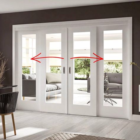 Easi-Slide OP1 White Shaker 1 Pane Sliding Door System in Four Size Widths with Clear Glass and sliding track frame. Sliding French Doors, Sliding Door Systems, French Doors Patio, Sliding Glass Doors, Sliding Patio Doors, Room Doors, Internal Doors, Patio Doors, Glass Doors