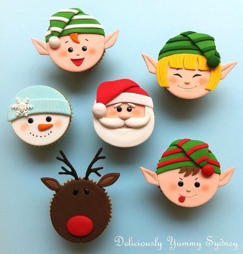 Cute Christmas characters Christmas Cupcakes Recipes, Christmas Cupcake Toppers, Christmas Cake Designs, Christmas Cupcake, Cupcakes Decorados, Xmas Cake, Christmas Cup, Fondant Cupcakes, Christmas Sweets