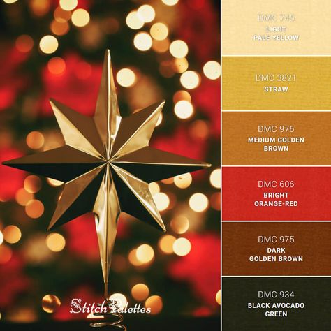 Christmas Red And Gold - Embroidery Color Palette (With Thread Codes) Christmas Red And Gold, Matching Ideas, Medium Golden Brown, Xmas Color, Christmas Palette, Christmas Color Palette, Color Palette Inspiration, Pantone Colour Palettes, Hex Color Palette