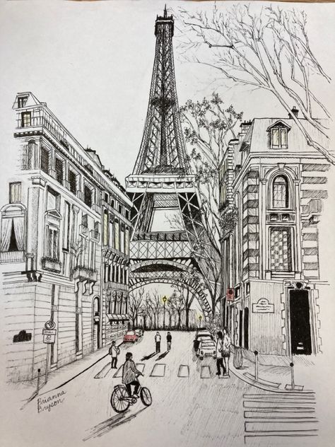 Paris Architecture Drawing, Paris Sketch Pencil, Paris Pencil Drawing, Paris Street Drawing, Paris Drawing Sketches, Paris Draw, Drawing Of The Eiffel Tower, Drawing Paris, Paris Sketch