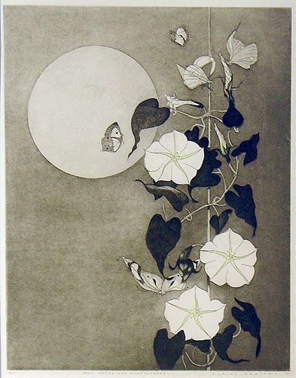 Elaine Haxton（Australian, 1909-1999） Moon, Moths and Moonflowers 1976 Hand-coloured etching with aquatint Moon Flower, Etching, The Moon, Butterflies, Moon, Flowers, White