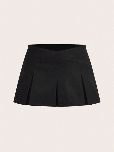 Black Casual Collar  Woven Fabric Plain Pleated Embellished Non-Stretch  Women Clothing Plain Black Skirt, Black Mini Skirt Outfit, Dr Closet, Shein Icon, Body Outfit, Miniskirt Outfits, Women Skirts, Hem Skirt, Black Mini Skirt