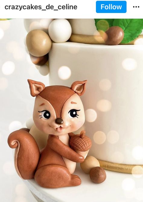 Fondant Forest Animals, Fondant Squirrel, Fondant Woodland Animals, Squirrel Cake Topper, Squirrel Cake, Fondant Owl, Easter Desserts Cake, Woodland Birthday Cake, Deer Cakes