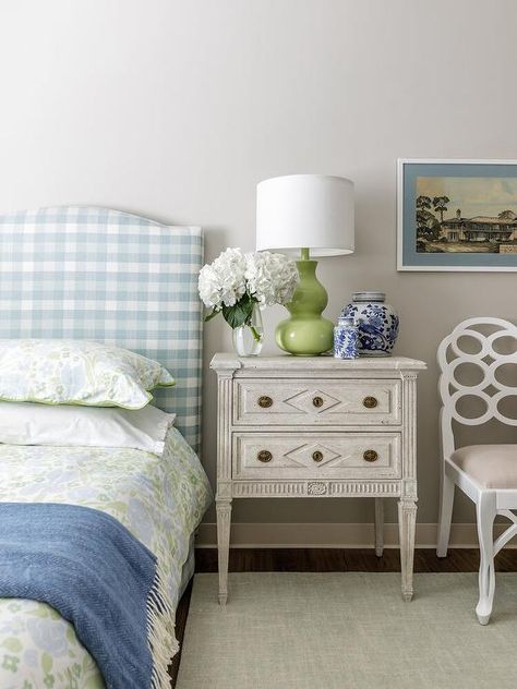 Blue Gingham Bedroom, Gingham Headboard, Gingham Bedroom, Light Blue Room, Yellow Headboard, Room Yellow, Lacquered Walls, Grey Headboard, Headboard With Lights