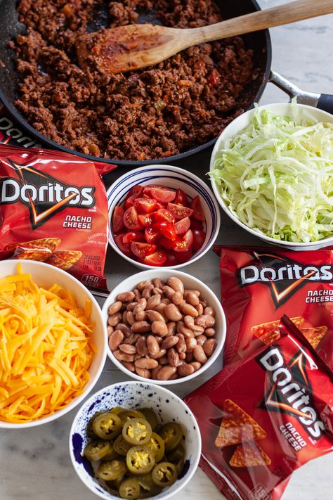 Doritos Walking Tacos – Midwexican Walking Taco Bar Ideas, Taco Bar Ideas, Walking Taco Bar, Taco In A Bag, Leftover Taco Meat, Walking Taco, Doritos Nachos, Cheesy Mac And Cheese, Walking Tacos