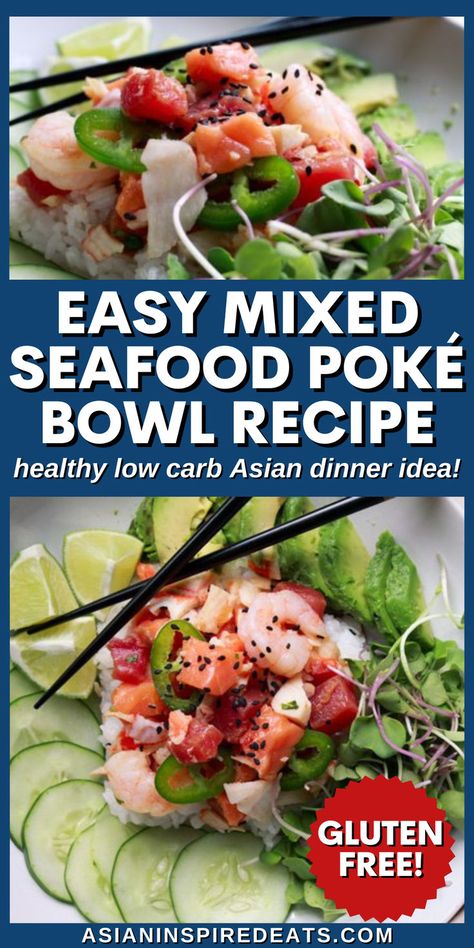 Our Mixed Seafood Poké Bowl has everything you ever wanted in a poké dish! Sushi-grade tuna and salmon, crab, and shrimp. This healthy low carb Asian dinner recipe is gluten free, perfect for busy weeknights and a great way to enjoy a clean eating dinner. Low Carb Asian, Tuna Poke Bowl Recipe, Crab Sushi, Mixed Seafood, Poke Bowl Recipe, Asian Dinner, Tuna Poke Bowl, Seafood Mix, Asian Dinner Recipes