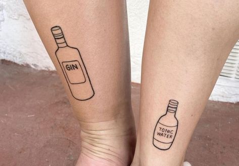 Gin Bottle Tattoo, Rum Bottle Tattoo, Gin And Tonic Tattoo, Gin Tonic Tattoo, Gin Tattoo, Friends Tattoos, Fishing Tattoo, Gordon's Gin, Tattoos Inspo