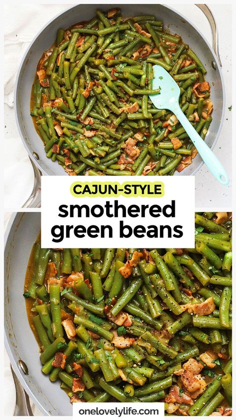 You've never had green beans like this! These Cajun Smothered Green Beans With Bacon have it ALL! Smoky bacon, savory seasonings, and a few little flavor tricks pack this easy side dish recipe full of flavor. It's the perfect veggie side dish for Thanksgiving, holiday dinners, and even BBQs or weeknight dinners. Get this green beans recipe and more vegetable side dishes to try at One Lovely Life Fresh Green Bean Recipes With Bacon And Potatoes, Cajun Smothered Green Beans, Cajun Green Beans Recipe, Cajun Green Beans, Veggie Side Dishes For Thanksgiving, Bacon Green Beans, Green Beans And Mushrooms, Fresh Green Bean Recipes, Smothered Green Beans