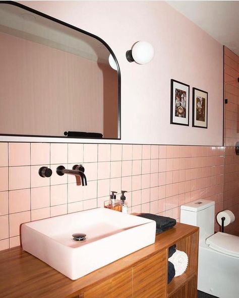 B&W Tile on Instagram: "@twinpalmsproject tagged us in their finished pink and black bathroom project and we are so impressed! It’s always fun to see how versatile pink 70W is. In this case it provides the bridge between modern and vintage aesthetics creating a look that is fresh, but also iconic. The other small details here we love is the use of black grout as well as light pink paint for the walls. Great job @twinpalmsproject and glad we could be part of this 🌟💜👏🏻" Hipster Bathroom, Colourful Bathroom Ideas, Light Pink Paint, Pink And Black Bathroom, Pink Bathroom Tiles, Pink Painted Walls, Colourful Bathroom, Black Grout, Coloured Grout