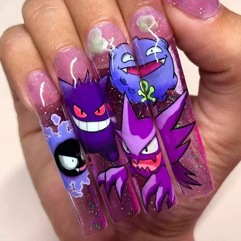 Here is my collection of ideas for extended and natural short nails, which I hope will inspire you for creative nail art! Pokemon Nails Art, Pokemon Nails Acrylic, Gengar Nails, Animated Nails, Pokemon Nail Art, Pikachu Nails, Pokemon Nails, Spooky Halloween Nails, Character Nails