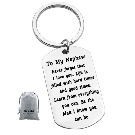 PRICES MAY VARY. stainless steel Pull On closure Inspirational Nephew Keychain:The keychain lettering with the meaningful words "To My Nephew Never Forget That I Love You. Life is Filled with Hard Times and Good Times. Learn From Everything You Can. Be The man I Know You Can Be."Show your Nephew how much you love and care about him with this special keychain. Nephew Gift from Aunt:Great Nephew Gifts Idea, Sweet sixteen jewelry for Nephew sweet 16 gifts, graduation gifts for Nephew, personalized Gifts For Nephew, Sweet Sixteen Jewelry, Christmas Gifts For Nephews, Encouragement Jewelry, 16 Gifts, Inspirational Encouragement, Nephew Gifts, Nephew Birthday, Sweet 16 Gifts