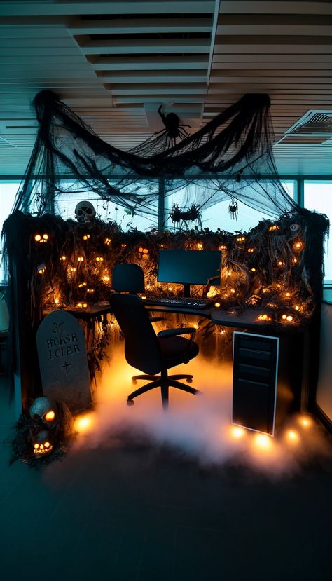 21 Spook-tacular Halloween Decoration Ideas to Elevate Your Haunt 🎃👻 - Laugh Lore Halloween Theme For Office, Office Haunted House Ideas, Cubicle Halloween Decorations Office, Halloween Cubicle Decor, Halloween Office Themes, Office Cubicle Decor Ideas, Cubicle Halloween Decorations, Halloween Desk Decor, Cubicle Decor Ideas