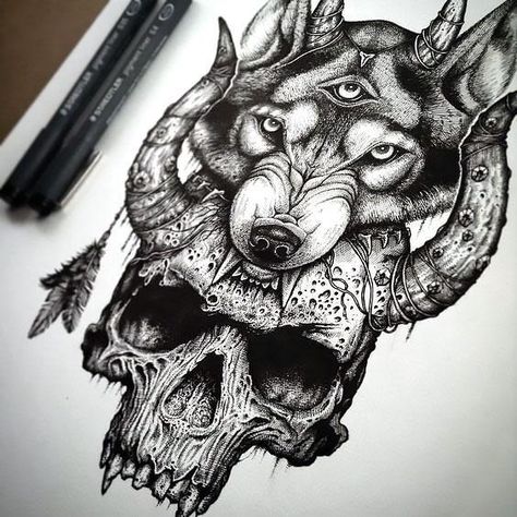 Amazing tattoo design of wolf and skull. Style: Black and Gray. Color: Black. Tags: Best, Amazing Tato Tradisional, Demon Wolf, Dotted Drawings, Wolf Skull, Tattoo Zeichnungen, Geniale Tattoos, Skull Tattoo Design, Art Minimaliste, Wolf Tattoos