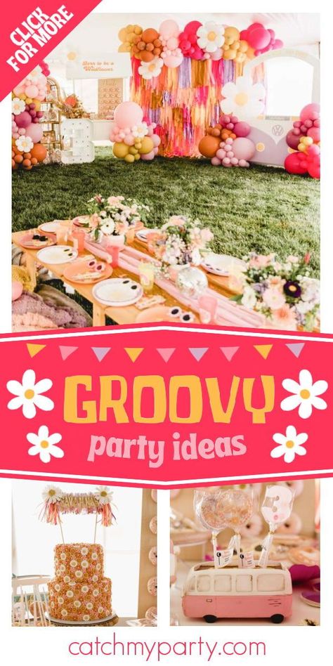 Kids Picnic Parties, Flower Power Party, Groovy Birthday Party, Third Birthday Girl, Hippie Birthday Party, Retro Birthday Parties, Groovy Birthday, Hippie Birthday, Girl Bday Party