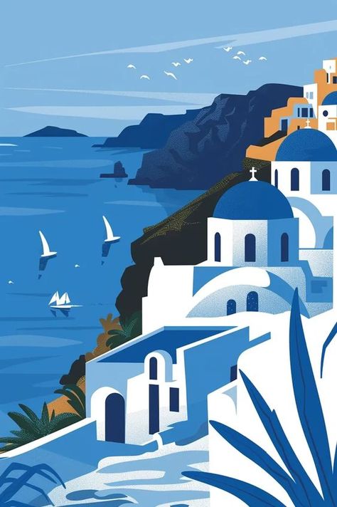 Midjourney AI Image: very minimalist illustration, greece, blue and white, retro style, --ar 2:3 → more in ai-img-gen.com Greece Blue And White, Greece Artwork, Greece Theme, Greece Illustration, Greece Drawing, Easy Hair Drawings, Village Illustration, Greek Drawing, Greece Blue