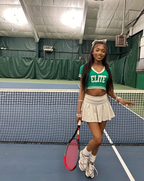 Tennis Court Cutie 🎾👟 W/ @bmoregirly Social Club Black Country Club Aesthetic, Country Club Outfit Black Skirt, Tennis Outfit Black Women, Tennis Outfit Ideas, Short Green Spring Tennis Skirt, Green Tennis Skirt Outfit, Black Tennis Skirt Country Club, Tennis Black Women, Country Vs Country Club Outfits