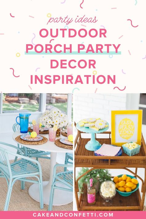 Porch Party Decorations & Ideas | Party Ideas & Hosting Tips - Spring and summer are the perfect seasons to throw a porch party! From decorations to food, check out this porch party ideas for your next gathering. Porch party decorations | porch party ideas | summer porch party | Summer outside party | outside party decorations | outside party ideas | adult outside party | Cake & Confetti | outdoor party ideas #outsideparty #dinnerparty #partyideas #partydecorations #summerparty #outdoorparty Porch Party Ideas, Morning Cake, Pink Tablescape, Party Decorations Ideas, Porch Party, Cake Confetti, Porch Parties, Hosting Tips, Summer Porch