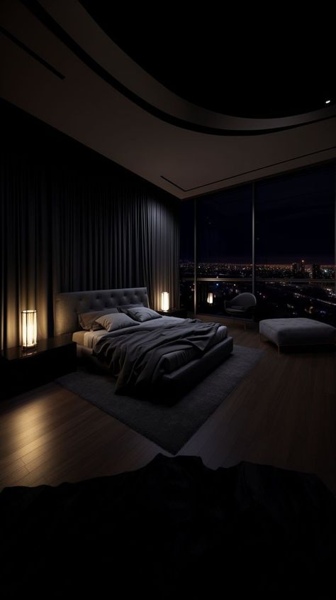 Bedroom Aesthetic Dark, Dark Bedroom Aesthetic, Penthouse Bedroom, Dark Blue Bedrooms, Black Bedroom Decor, Dark Bedroom, Dream Apartment Decor, Black Shades, Dream House Rooms