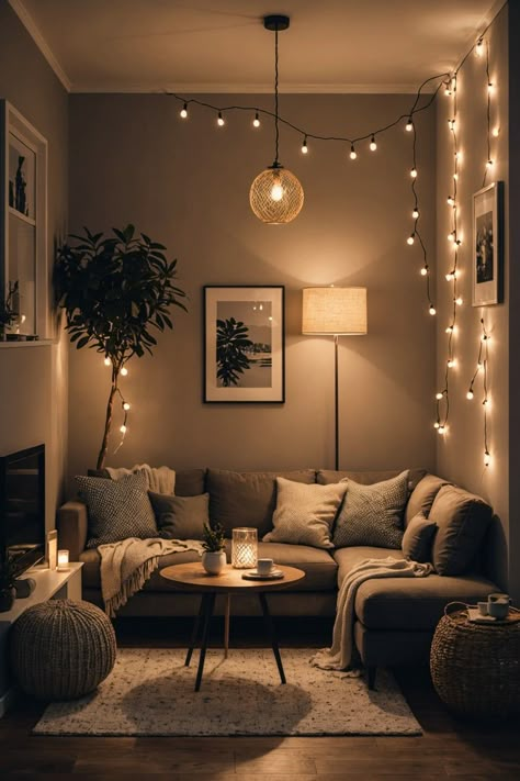 Basic Home Decor Ideas, 2 Couches Small Living Room, Lounge Room Ideas Small Spaces, Small Comfy Room Ideas, Comfy Living Room Ideas Apartment, Cosy Small Room Ideas, Living Room Cozy Couch, Small Flat Design Interiors, Corner Couch Lighting