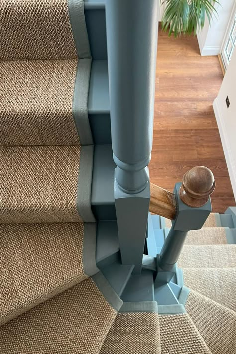 Blue Stairs With Runner, Duck Egg Hallway, Blue Painted Stairs With Runner, Natural Stair Runner, Green Stairs With Runner, Stair Runner With Border, Staircase Ideas Runner, Staircase Runner With Landing, Staircases With Runners