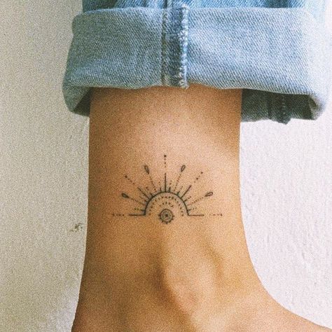 Boho Small Tattoos, Beautiful Sun Tattoo, Dainty Sun Tattoo, Sun And Wave Tattoo, Boho Tattoos, Handpoke Tattoo, Line Art Tattoos, Sun Tattoo, Dainty Tattoos