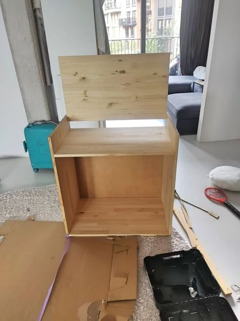 Diy Built In Desk With Cabinets Ikea, Ivar Hidden Desk, Ivar Hack Desk, Ikea Hidden Desk Hack, Ivar Desk Hacks, Ikea Ivar Living Room, Ivar Cabinet Ideas, Ikea Hack Bureau, Ikea Ivar Desk