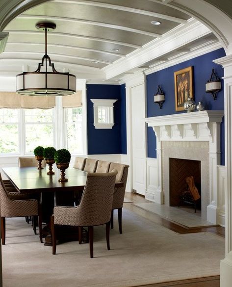 Barrel Vault Ceiling, Dining Room Blue, Revere Pewter, Room Blue, White Dining Room, Traditional Dining Room, New England Homes, The Fireplace, Blue Rooms