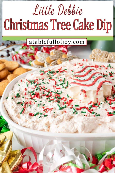 Little Debbie Christmas Tree Cakes Dip is such a fun and tasty holiday treat! Everything reminiscent of your favorite holiday cake made into a dippable dessert! Christmas Cool Whip Dip, Holiday Cookie Dip, Christmas Desserts Dip, Cookie Dip Christmas, Christmas Sugar Cookie Dip, Dessert Dip Christmas, Christmas Cookie Dip Recipe, Dessert Dips Christmas, Sweet Christmas Dips