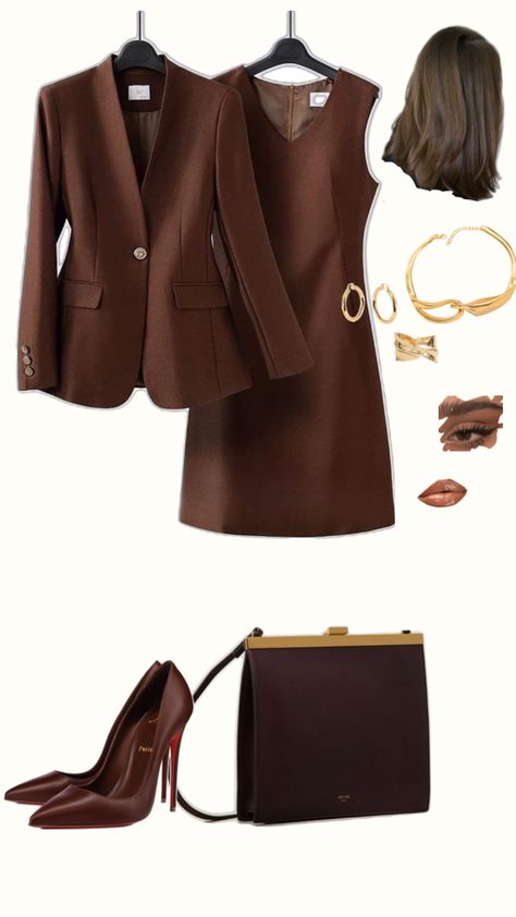 Step into timeless elegance with this chic brown outfit featuring a tailored brown jacket, a sophisticated dress, iconic Louboutin heels, and a matching brown bag. Gold jewelry adds the perfect touch of luxury to complete the look. Perfect for classy occasions or a night out. Classy Brown Outfit, Louboutin Heels, Grown Women, Brown Outfit, Sophisticated Dress, Brown Bag, Brown Aesthetic, Brown Jacket, Outfit Goals