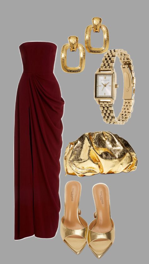 Winter Glam, Western Dresses For Girl, Glam Dress, Ball Ideas, Soiree Dress, Ootd Dress, Clothes Aesthetic, Dress Gold, Burgundy And Gold