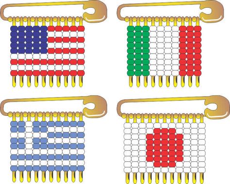 International Flag Pin Patterns available at MakingFriends.com.  Perfect for your Girl Scout Thinking Day or International celebration. Greece Swaps Girl Scouts, Crafts With Beads, Safety Pin Jewelry Patterns, Girl Scout Swaps, Safety Pin Art, Beaded Pins, Safety Pin Crafts, Greece Flag, International Craft