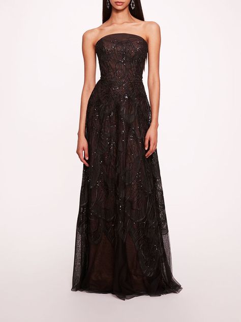 Winged Symphony Gown | Marchesa Ethereal Bridesmaid Dress, Black Ethereal Dress, Black Ethereal, Black Tie Gowns, Marchesa Dresses, Curved Neckline, Ethereal Dress, Black Evening Gown, A Line Gown