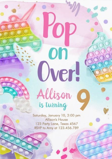 Pop it birthday party invitations for girls. Rainbow fidget toy birthday party invites. Pop it birthday party idea. afflink Pop It Invitation Birthday Free, Poppet Birthday Party Ideas, 10th Birthday Girl Themes Ideas, Pastel Pop It, Fidget Party, Gökkuşaği Pasta, It Birthday Party, Pop It Birthday, Girls 9th Birthday