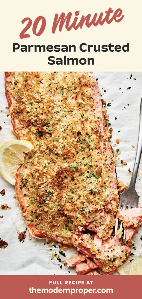 Parmesan-panko crusted salmon served with lemon wedges Pesto Crusted Salmon, Roasted Asparagus And Potatoes, Parmesan Crusted Salmon, Parmesan Salmon, Leftover Salmon, The Modern Proper, Modern Proper, Best Meatloaf, Crusted Salmon