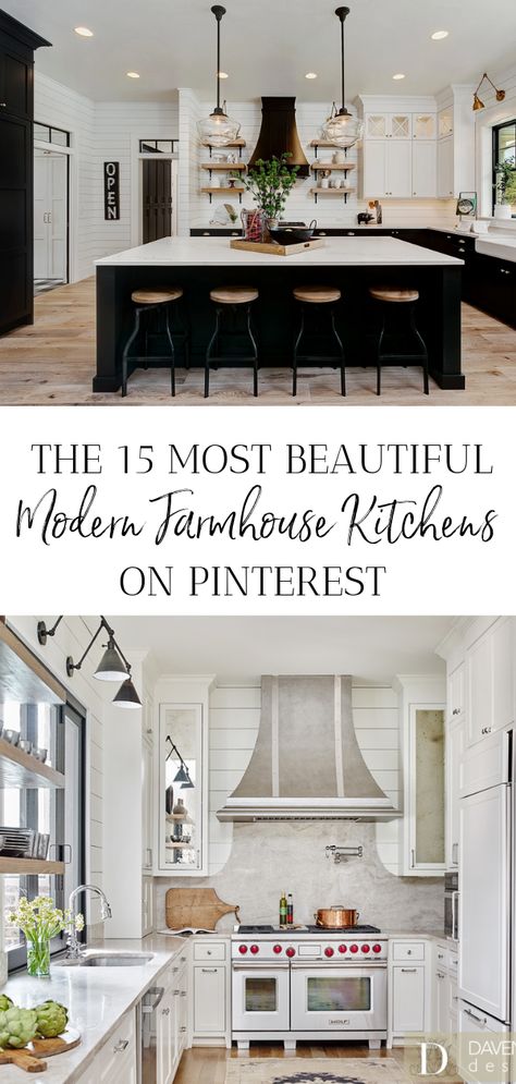 The 15 Most Beautiful Modern Farmhouse Kitchens on Pinterest Napa Modern Farmhouse, Kitchens Islands With Seating, Black And White Modern Farmhouse Kitchen Pendant Lights, Hgtv Dream Home 2023 Kitchen, Large Blank Wall In Kitchen, Open Shelving In Kitchen Ideas, Luxury Kitchen Decor Ideas, Kitchen Design With Large Island, Luxury Modern Farmhouse Kitchen