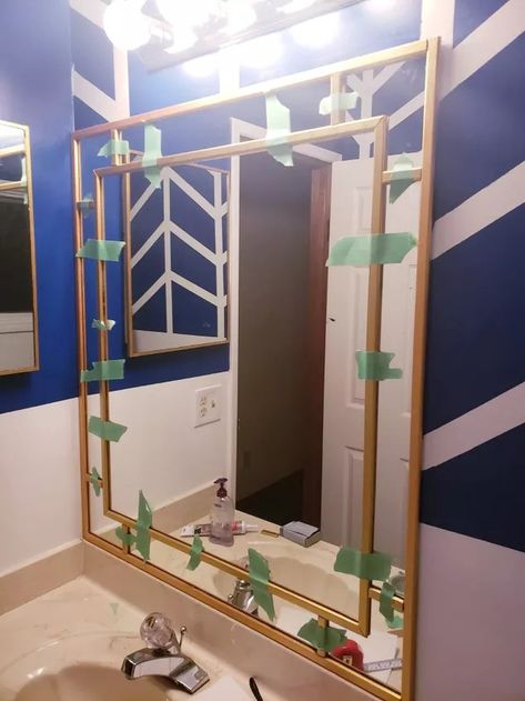 How To Frame A Builder Grade Mirror, Above Toilet Decor Modern, Mirror Tutorial, Bathroom Mirror Makeover, Bathroom Mirrors Diy, Painting Bathroom Cabinets, Mirror Frame Diy, Bathroom Mirror Frame, Mirror Makeover