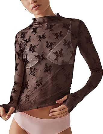 Ugerlov Women's Long Sleeve Mesh Top Mock Neck Sheer Blouse See Through Floral Lace Tops New Years Eve Tops, Sheer Sleeves Top, Lace Top Blouse, Sheer Long Sleeve Top, Floral Lace Blouse, Fishnet Top, Mesh Tops, Sheer Lace Top, Floral Lace Tops