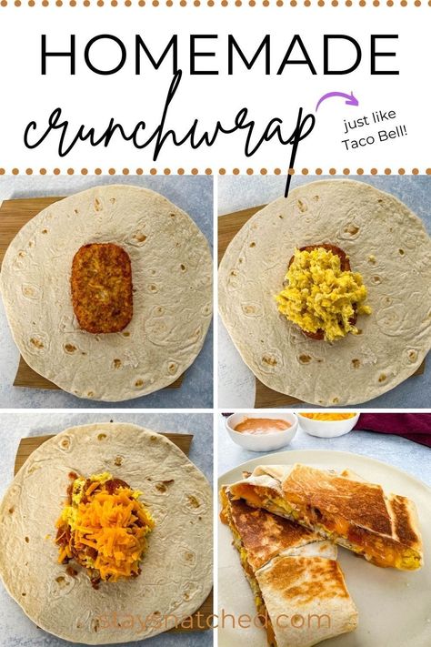 Taco Bell Meal Prep, Taco Bell Breakfast Sauce, Scrambled Egg Tacos, Tacobell Breakfast Crunch Wrap, Taco Bell Breakfast Crunch Wrap Recipe, Homemade Breakfast Crunchwrap, Ww Breakfast Tacos, Healthy Breakfast Crunchwrap, Taco Bell Breakfast Burrito