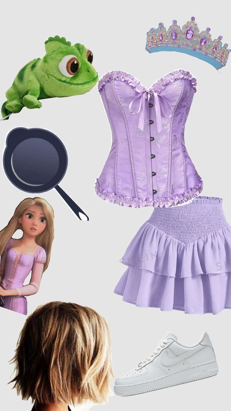 Cute Dress Halloween Costumes, Rapunzel Costumes Women, College Rapunzel Costume, Purple Princess Costume, Rapenzul Halloween Costume, Rapunzel Womens Costume, Cute Repunzal Costume, Rapunzel Halloween Outfit, Simple Rapunzel Costume