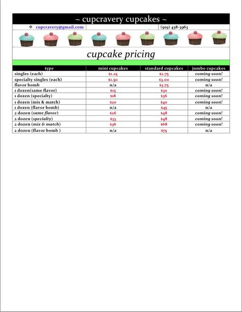 cupcravery cupcakes | price list Pricing Cupcakes Chart, Cake Pops Price List, Cupcake Pricing Chart 2023, Cupcake Pricing Chart, Cupcake Price List, Bakery Pricing, Cake Pop Prices, Cake Pricing Chart, Cake Pricing Guide