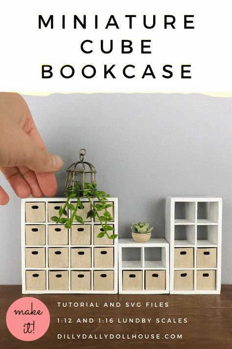 DIY Modern Dollhouse Miniature - Cube Bookcase/Shelf with boxes - Tutorial and SVG files at dillydallydollhouse.com Polymer Clay Miniatures Doll Houses, Make Dollhouse Furniture, Diy Dollhouse Accessories, Dollhouse Furniture Tutorials, Bookcase Shelf, Diy Barbie House, Dollhouse Tutorials, Dollhouse Miniature Tutorials, Doll Furniture Diy