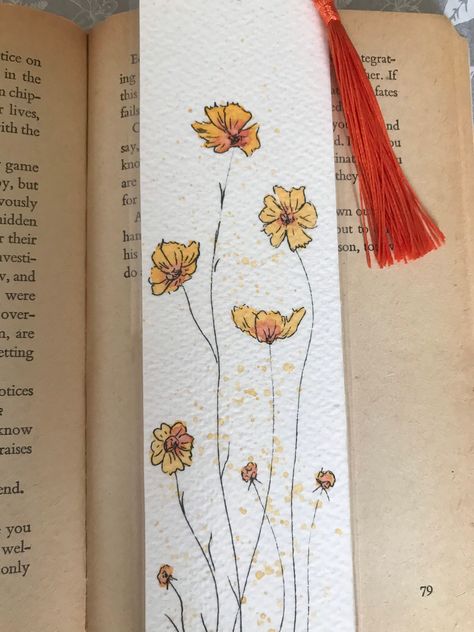 Bookmark Sketch Ideas, Pretty Bookmarks Diy, Orange Bookmark, Doodle Bookmark, Bookmark Drawing, Pretty Bookmarks, Bookmark Painting, Watercolour Bookmarks, Fantasy Bookmarks