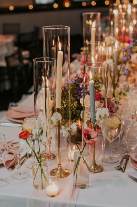 Jewel Tone Wedding Theme Table Settings, Goblet Wedding Table, Whimsical Garden Wedding Theme, Wild Flower Table Decorations, Circle Table Wedding Decor Centerpieces, Colored Glass Wedding, Small Garden Wedding Ideas, Enchanted Forest Wedding Decorations, Huppah Wedding