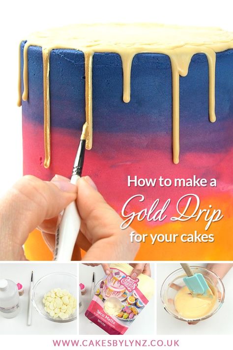 How to make a gold drip for your cakes - Step by step cake decorating tutorial Buttercream Rainbow, Drip Cake Tutorial, Gold Drip Cake, Decorator Frosting, Gold Drip, Cake Decorating Videos, Delicious Cake Recipes, Drip Cake, 14th Birthday