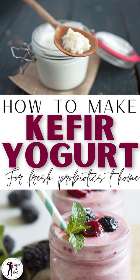 How to make kefir at home. The benefits of drinking milk kefir daily are huge! Learn the benefits of kefir yogurt and how to make milk kefir at home for your smoothies, breakfast, parfaits, etc! Kefir Recipes Ideas, Kifer Recipes, Kefir Yogurt Recipes, Benefits Of Kefir, Vegan Yogurt Recipe, Homemade Kefir, Milk Kefir Recipes, Kefir Drink, Breakfast Parfaits